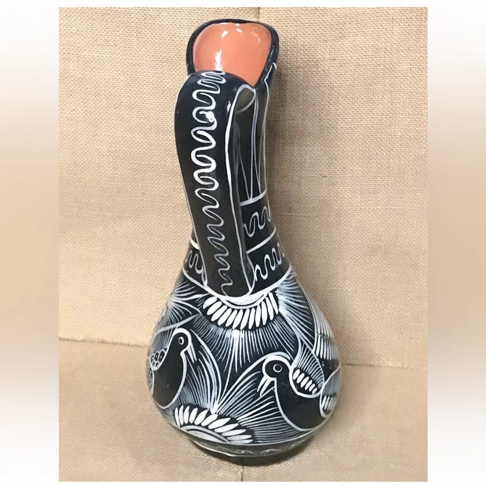 Mexican Pottery Pitcher Black White Bird Jug Vase Folk Art Cultural Southwestern